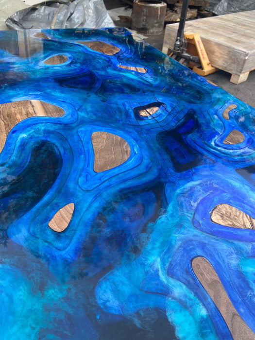 Custom 52” x 32” Walnut Deep Dark Blue and White Swirls Epoxy Dining Table