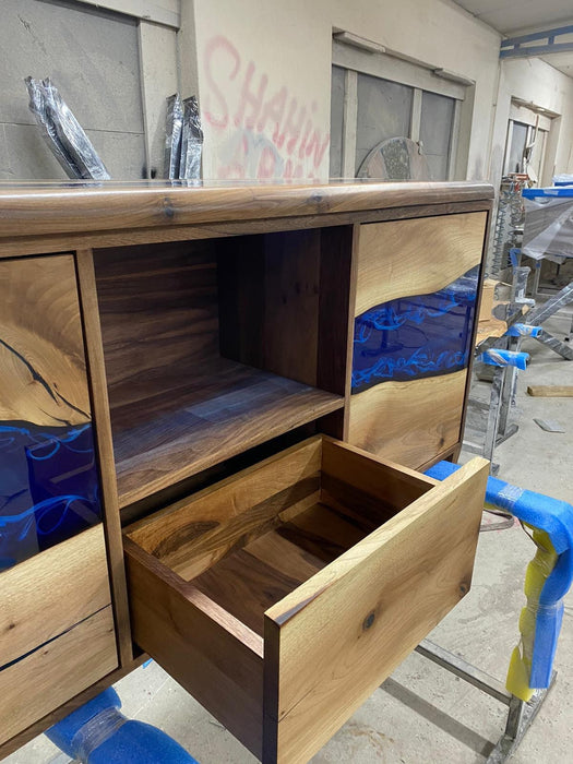 Custom 65” x 16” x 32” Epoxy Console, Walnut Blue Epoxy Resin Cabinet, Blue River Credenza, Walnut Credenza TV-Stand for Home for Leshea