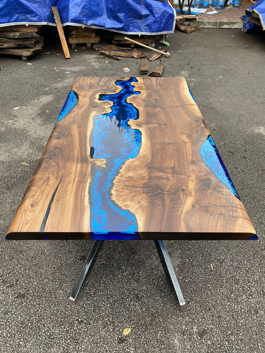 Custom 72” x 42” Walnut Deep Dark Blue and White Swirls Epoxy Dining Table Order for Veronica