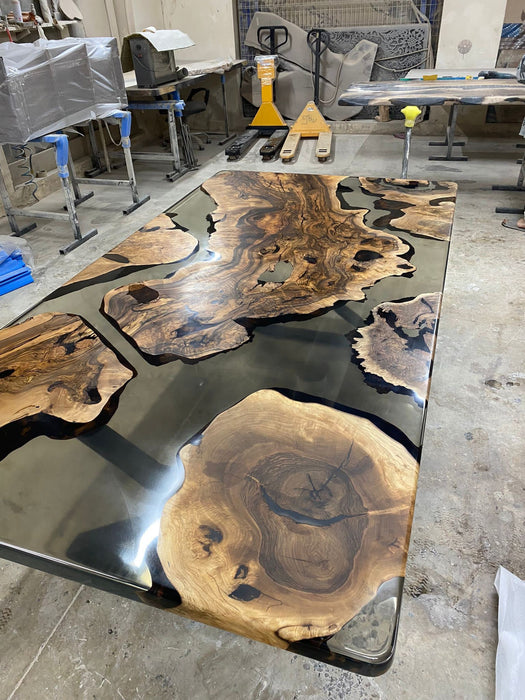 Epoxy Table, Epoxy Dining Table, Walnut Epoxy River Table, Custom 96” x 50” Walnut Smokey Gray Epoxy River Table Order