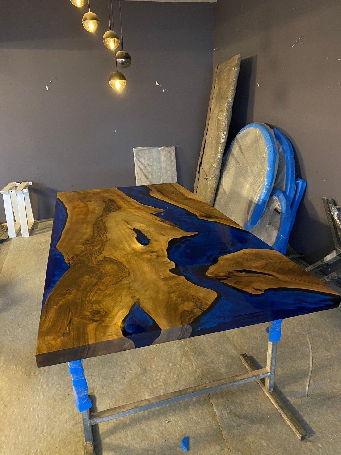 Live Edge Table, Custom 84” x 42” Walnut Deep Dark Blue and White Swirls Table, Epoxy Dining Table, Epoxy Resin Table, Order for Philip