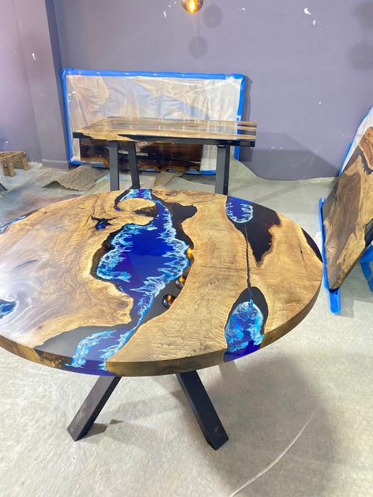 Round Dining Table, Custom 52” Diameter Round Walnut Wood Blue Table, Turquoise, White Waves Epoxy Dining Table, Order for Stephanie R