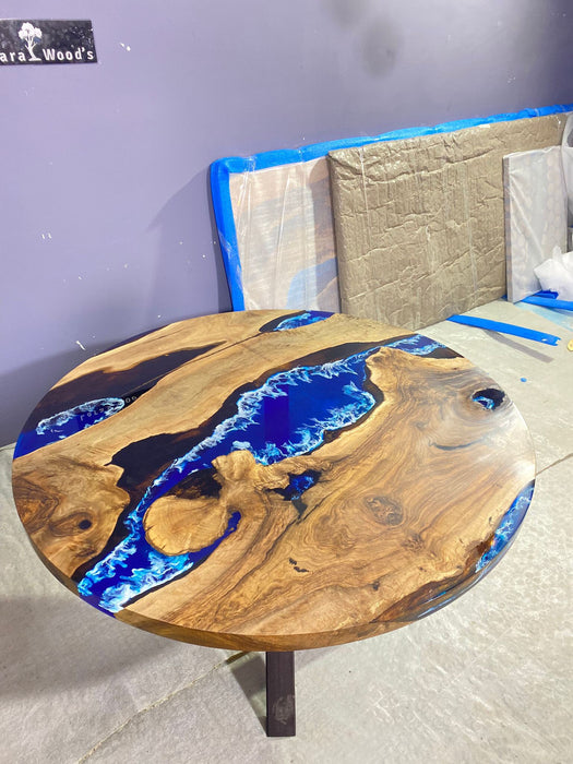 Round Dining Table, Custom 52” Diameter Round Walnut Wood Blue Table, Turquoise, White Waves Epoxy Dining Table, Order for Stephanie R