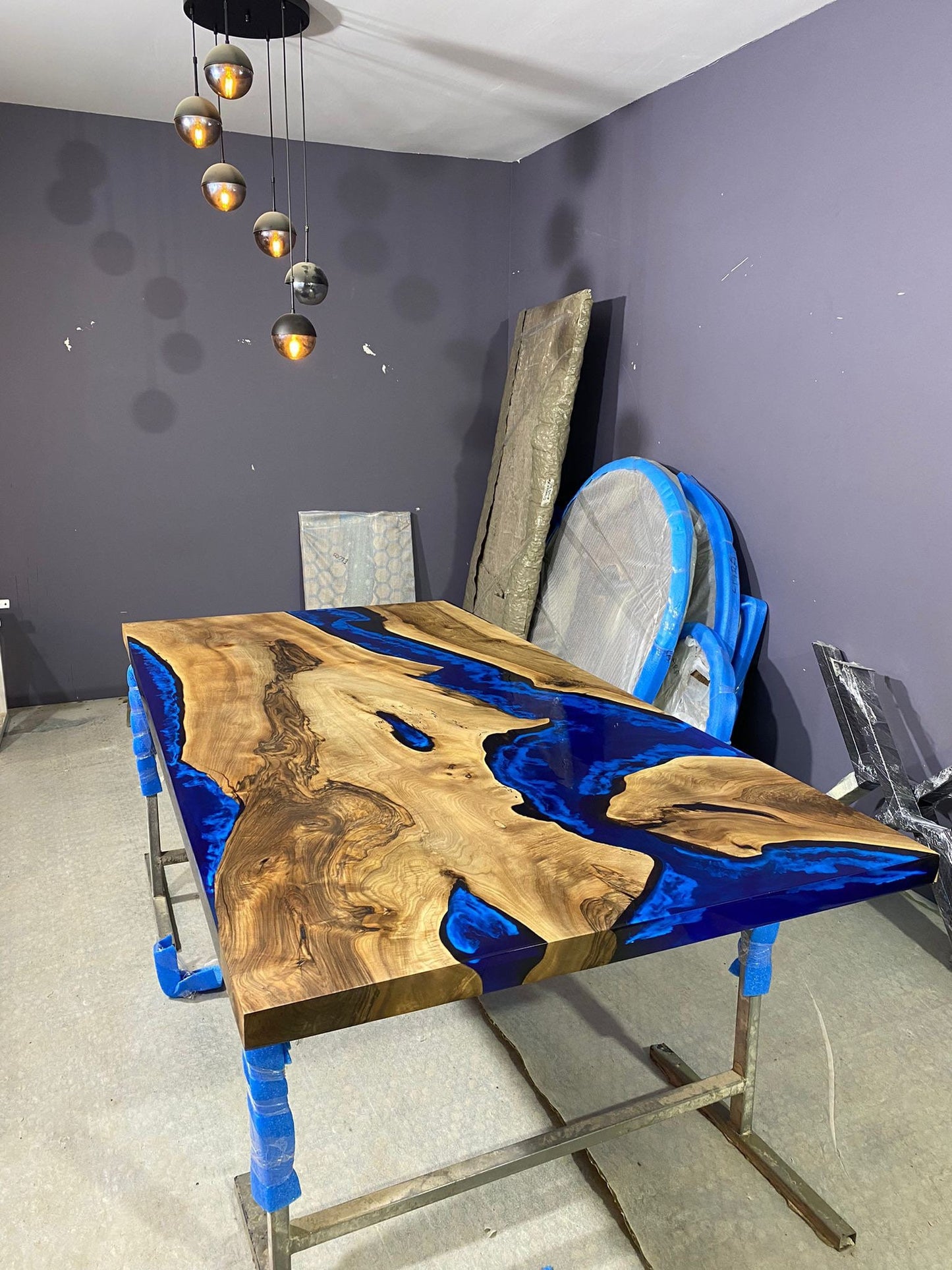 Epoxy Table, Epoxy Dining Table, Custom 115” x 42” Walnut Ocean Blue, Turquoise White Waves Table, Epoxy River Dining Table Order for Nathan