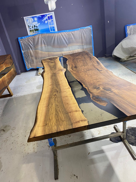 READY TO SHIP Epoxy Table, Epoxy Dining Table, Walnut Epoxy River Table, Custom 110” x 49"-43” Walnut Smokey Gray Epoxy River Table Order