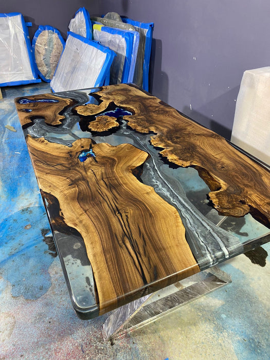 Ocean Table, Aquarium Table, Custom 80” x 42” Walnut Wood Table, Blue Ocean Epoxy Table, River Table, Custom for Javier