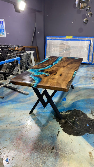Live Edge Table, Handmade Epoxy Table, Custom 84” x 36” Walnut Blue and Turquoise Green Epoxy Aquarium Rocks Dining Table Order for Vini