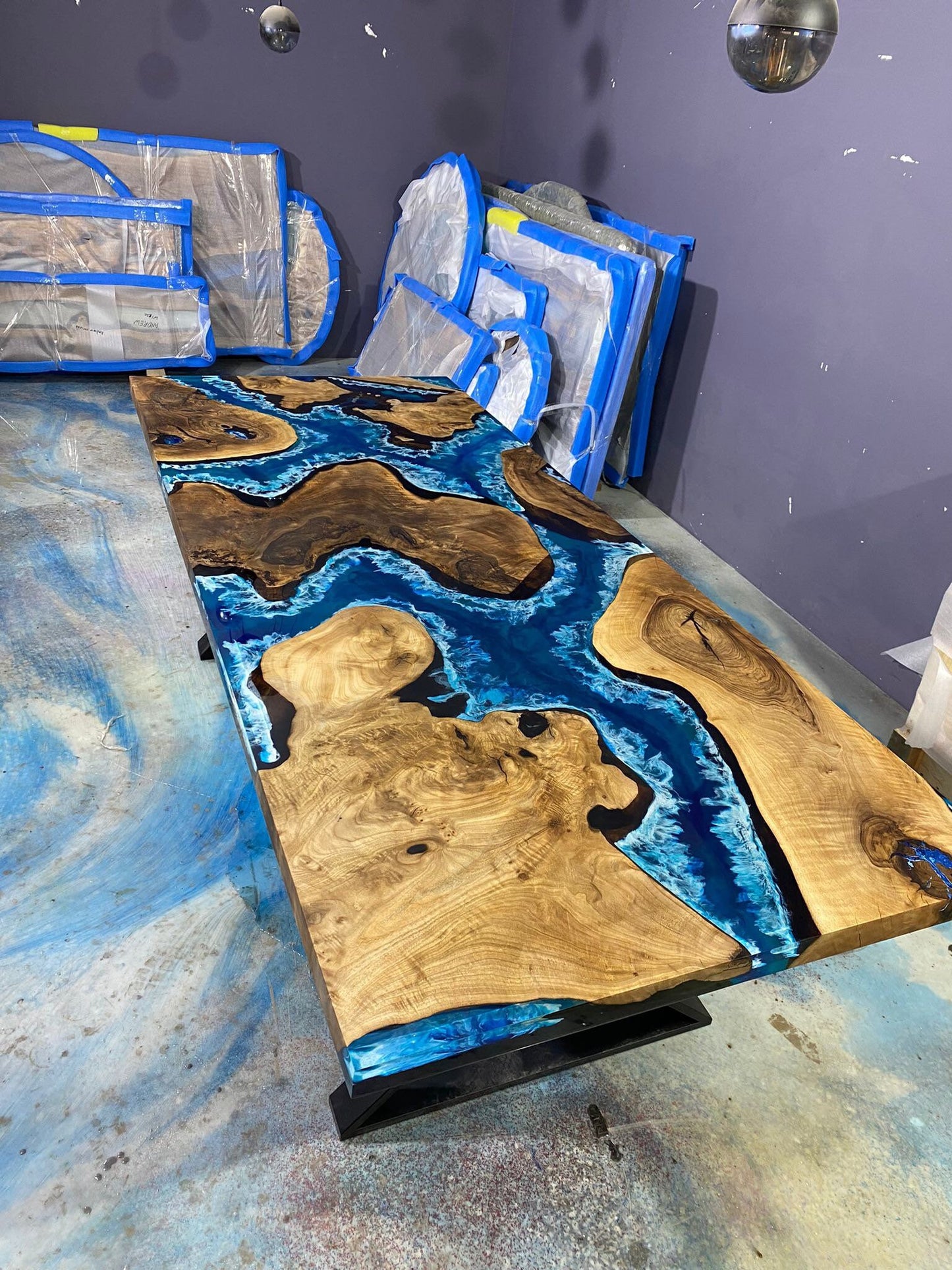 Walnut Dining Table, Live Edge Table, Custom 96” x 40” Walnut Blue Table, Turquoise Green Epoxy Table, Epoxy Dining Table, for Charlotte