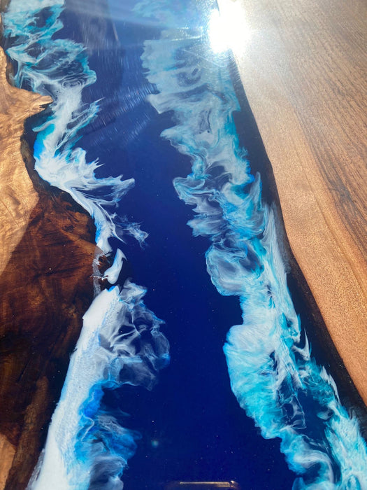 Walnut Dining Table, Live Edge Table, Custom 115” x 50” Walnut Ocean Blue, Turquoise White Waves Epoxy, River Table Order for Kishan Tampa