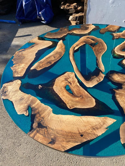 Epoxy Table, Epoxy Dining Table, Walnut Epoxy River Table, Custom 72” Diameter Round Walnut Wood Blue Epoxy Dining Table, Order for Michelle