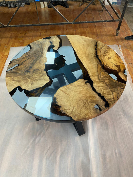 Round Dining Table, Custom 48” Round Walnut Transparent Light Sky Blue Table, Epoxy River Table, Live Edge Table, Custom Order for Kristie 1
