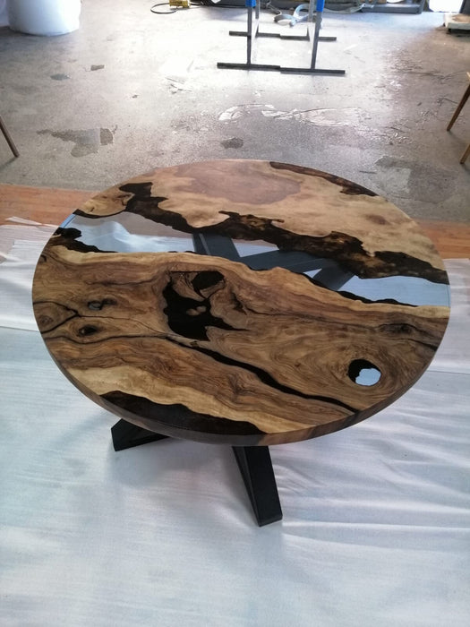 Round Dining Table, Custom 48” Round Walnut Transparent Light Sky Blue Table, Epoxy River Table, Live Edge Table, Custom Order for Kristie 2