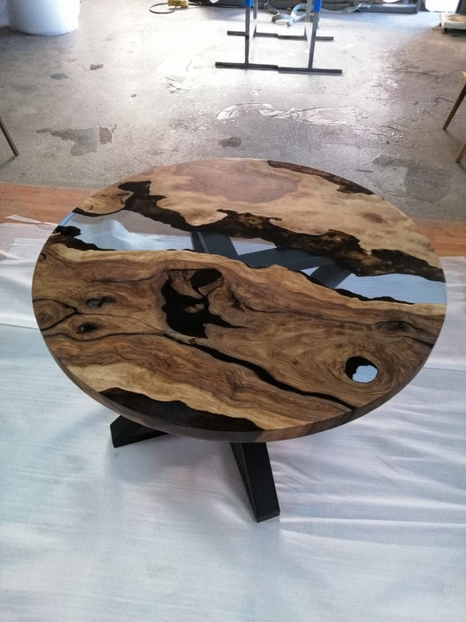 Round Dining Table, Custom 48” Round Walnut Transparent Light Sky Blue Table, Epoxy River Table, Live Edge Table, Custom Order for Kristie 2