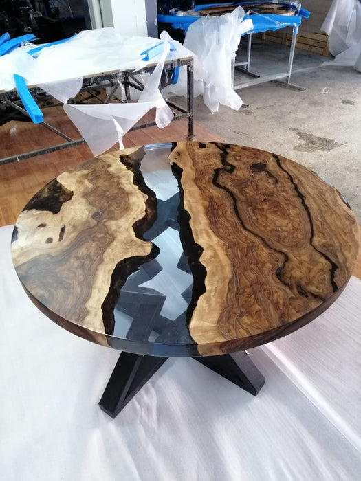 Round Dining Table, River Table, Custom 48” Round Walnut Transparent Light Sky Blue Table, Epoxy River Table, Order for Kristie 3