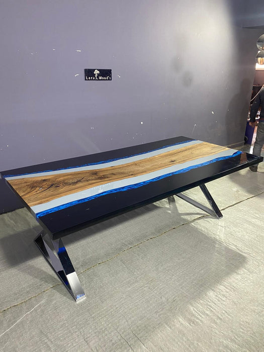 Epoxy Resin Table, Custom 96” x 40" Walnut Table, Light Gray, Blue and Black Epoxy Table, Custom Order for Christine