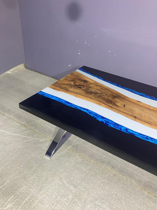 Epoxy Resin Table, Custom 96” x 40" Walnut Table, Light Gray, Blue and Black Epoxy Table, Custom Order for Christine