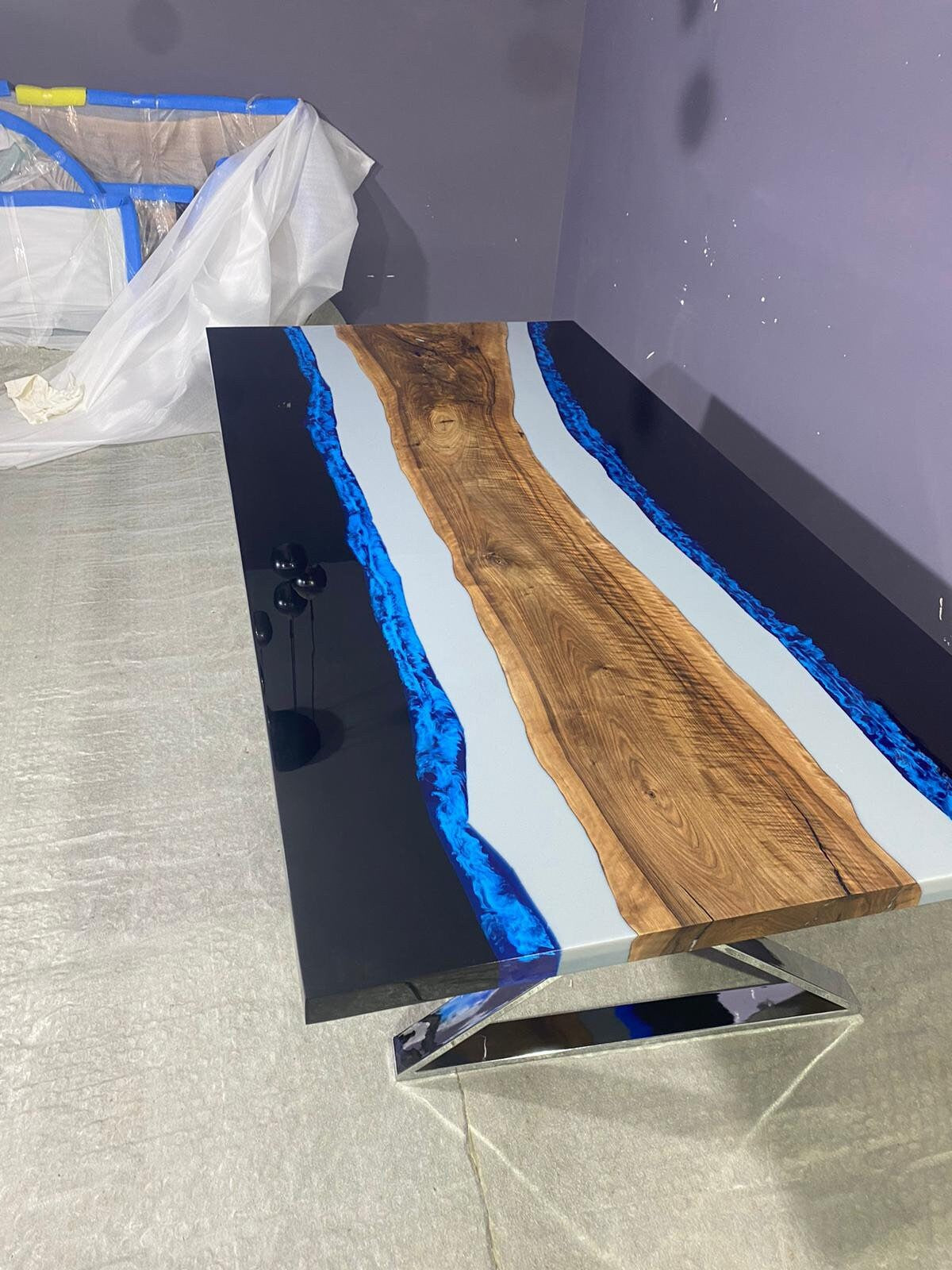 Epoxy Resin Table, Custom 96” x 40" Walnut Table, Light Gray, Blue and Black Epoxy Table, Custom Order for Christine