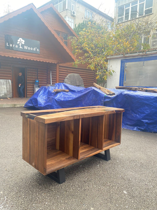 Custom Epoxy Console, 55” x 19” x 32” Walnut Wood Epoxy Resin Open Credenza, Walnut Epoxy Epoxy Credenza, Dining Room Sideboard for Mary G