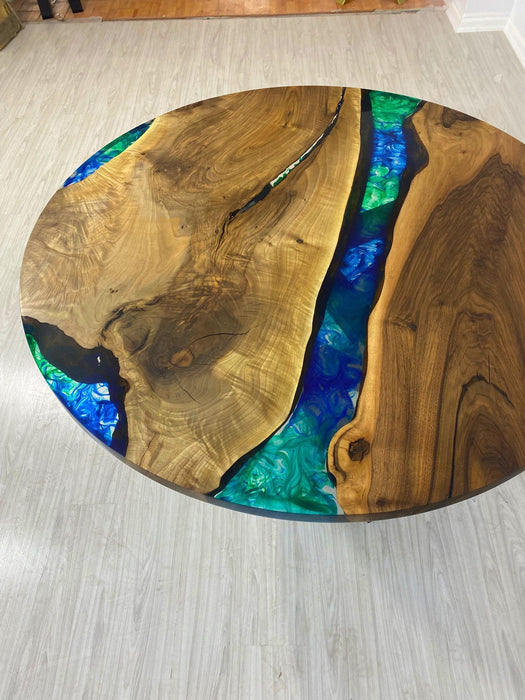 Epoxy Coffee Table, Round Dining Table, Custom 60” Diameter Round Walnut Blue, Turquoise, Green Table, Epoxy Dining Table, for Heather
