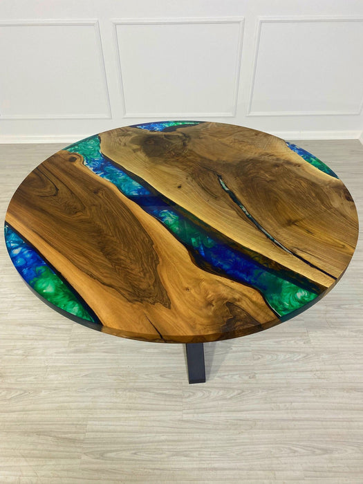 Epoxy Coffee Table, Round Dining Table, Custom 60” Diameter Round Walnut Blue, Turquoise, Green Table, Epoxy Dining Table, for Heather