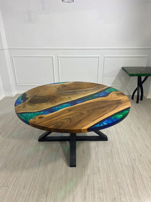 Epoxy Coffee Table, Round Dining Table, Custom 60” Diameter Round Walnut Blue, Turquoise, Green Table, Epoxy Dining Table, for Heather