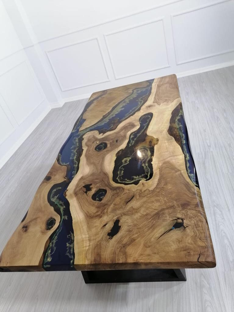 Live Edge Table, Custom 80” x 36" Walnut Midnight Blue Table, Epoxy with Gold Leaf Strip Line Table, River Table, Order for Giovanni