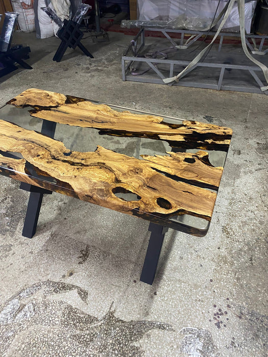 Olive Wood Epoxy Table, Custom 55” x 30” Olive Wood Table, Clear Epoxy Dining Table, Live Edge Table, Custom Order for Dominique