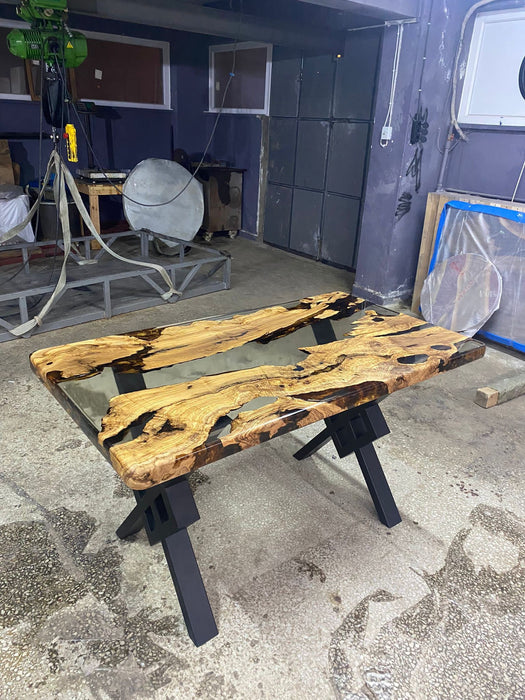 Olive Wood Epoxy Table, Custom 55” x 30” Olive Wood Table, Clear Epoxy Dining Table, Live Edge Table, Custom Order for Dominique