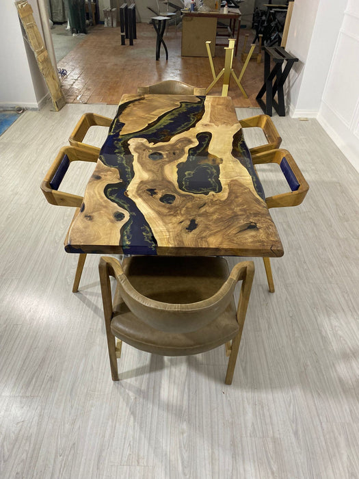 Live Edge Table, Custom 80” x 36" Walnut Midnight Blue Table, Epoxy with Gold Leaf Strip Line Table, River Table, Order for Giovanni
