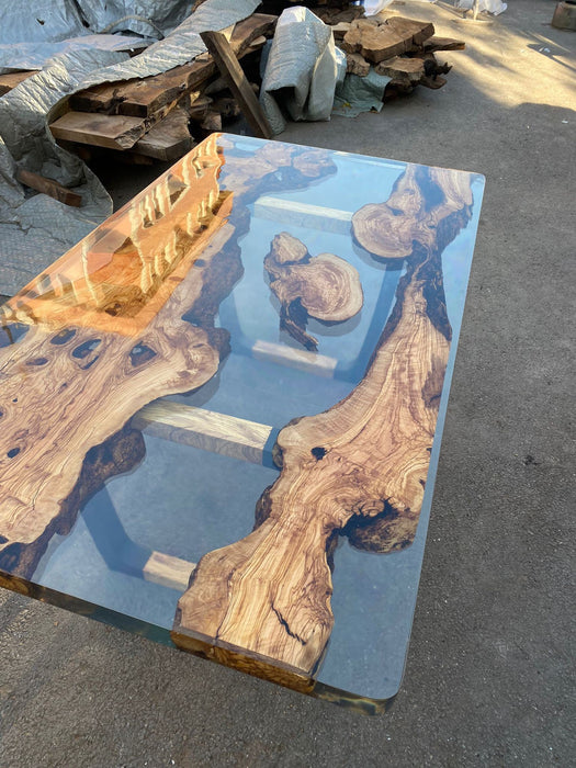 Epoxy Table, Epoxy Dining Table, Olive Epoxy River Table, Custom 80” x 42” Custom Olive Wood Shiny Clear Epoxy Dining Table Order for Meril