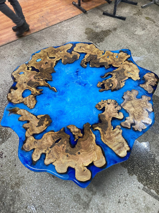 Round Dining Table, Handmade Round Table, Custom 56” Diameter Olive Root Wood Table, Blue Epoxy Table, Blue Resin Table, Order for Tyler