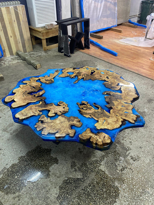 Round Dining Table, Handmade Round Table, Custom 56” Diameter Olive Root Wood Table, Blue Epoxy Table, Blue Resin Table, Order for Tyler