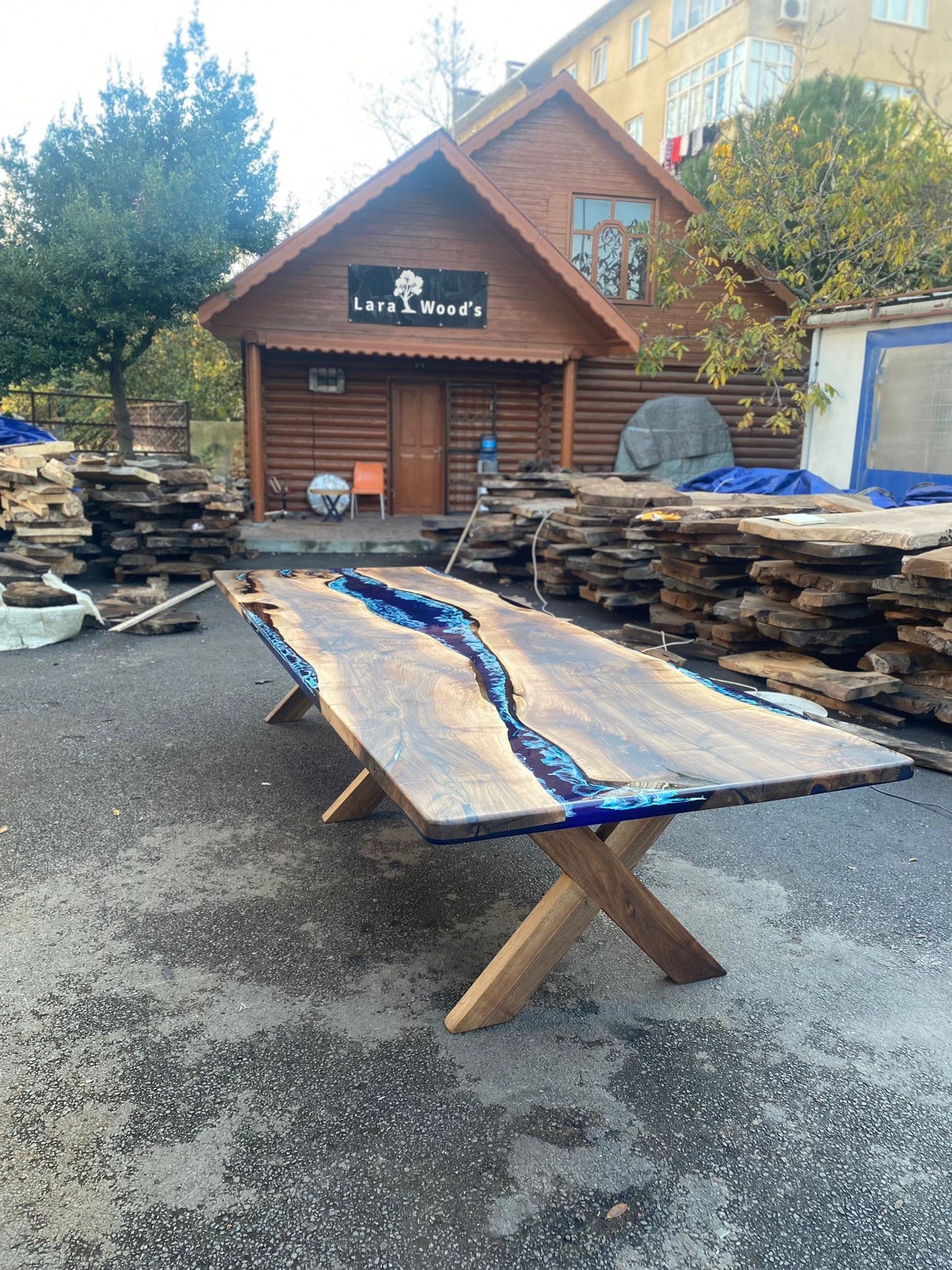 Handmade Epoxy Table, Live Edge Table, Epoxy Table, Custom 150” x 48” Walnut Blue Table, Epoxy River Dining Table, Order for Lauren Ca