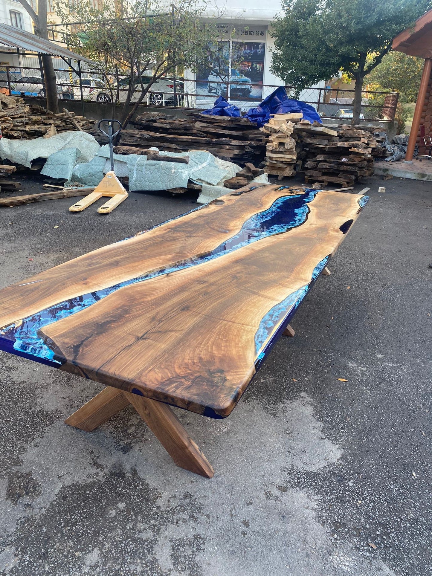 Handmade Epoxy Table, Live Edge Table, Epoxy Table, Custom 150” x 48” Walnut Blue Table, Epoxy River Dining Table, Order for Lauren Ca