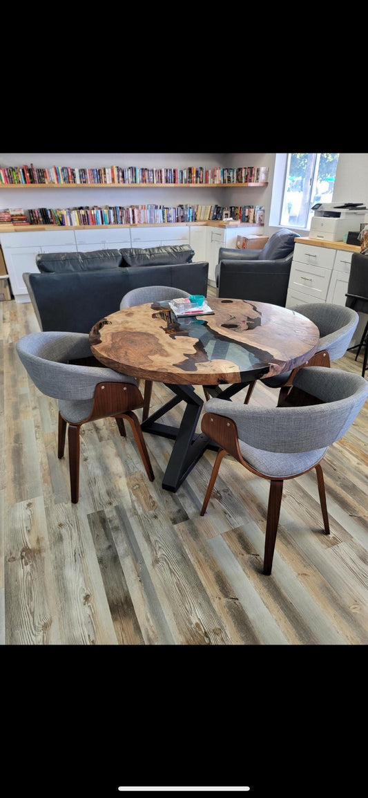 Round Dining Table, River Table, Custom 48” Round Walnut Transparent Light Sky Blue Table, Epoxy River Table, Order for Kristie 3