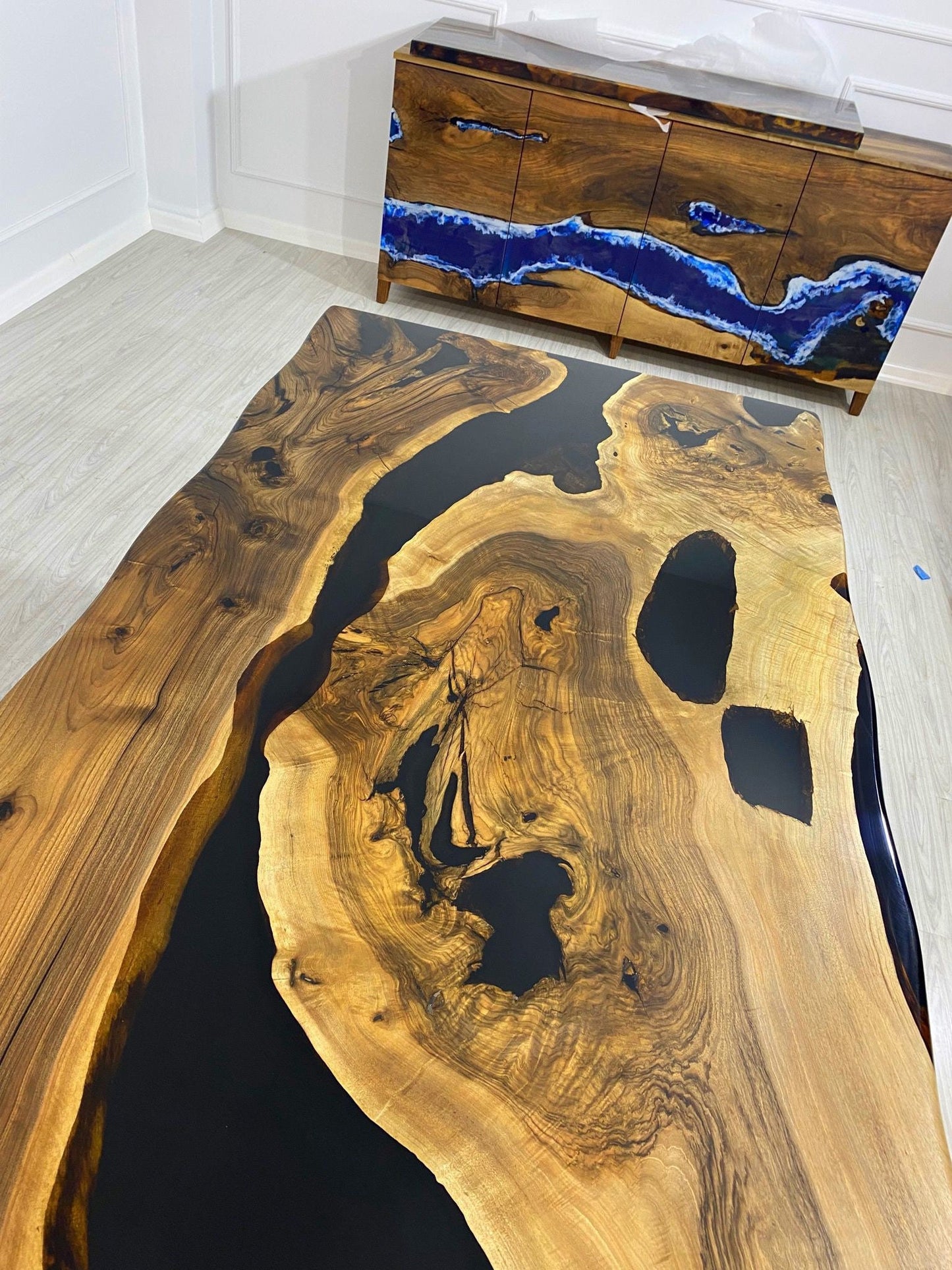 Epoxy Table, Epoxy Dining Table, Walnut Epoxy River Table, Custom 78” x 42” Walnut Black Epoxy River Table Order for Wendy