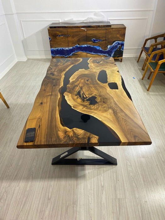 Epoxy Table, Epoxy Dining Table, Walnut Epoxy River Table, Custom 78” x 42” Walnut Black Epoxy River Table Order for Wendy