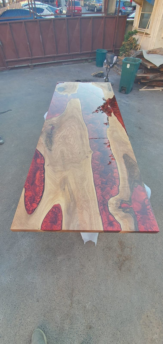 Custom 96" x 36" Epoxy Resin Table, Handmade Red Epoxy Table, Custom Walnut Epoxy Table, Unique Resin Epoxy Table Name Logo for #EEZYGANG