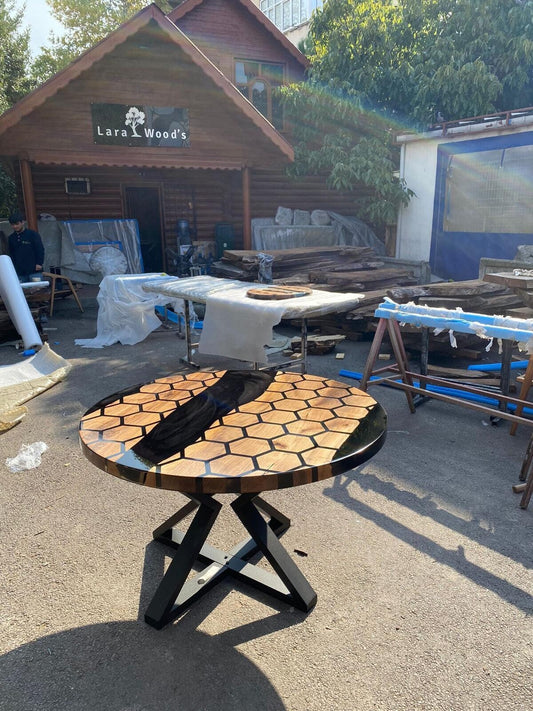 Custom 48” Diameter Round Table, Walnut Black Epoxy Table, Hexagon Honeycomb Table for Jodi 2