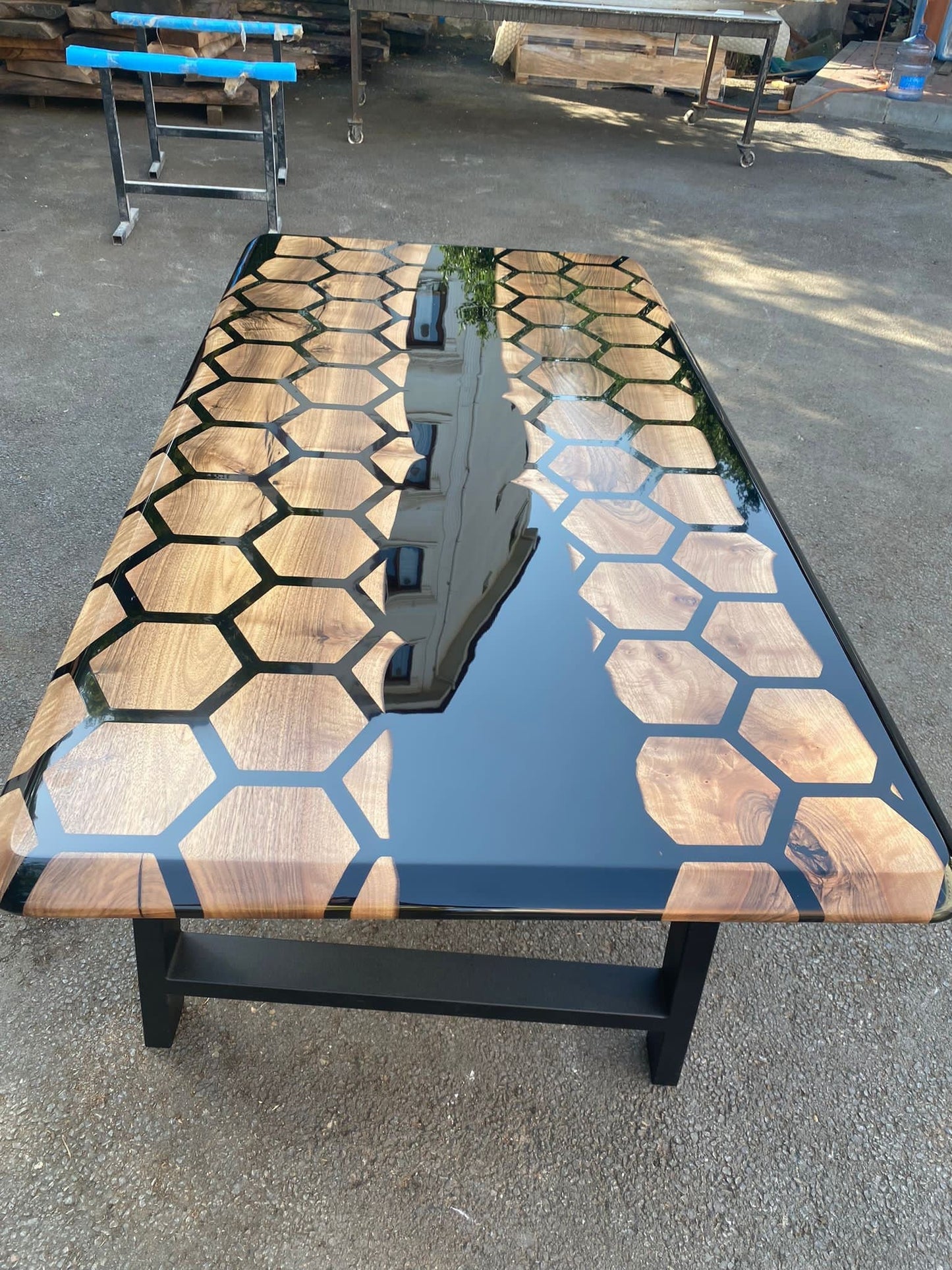 Hexagon Epoxy Table, Epoxy Dining Table, Walnut Epoxy River Table, Custom 72” x 36” Walnut Black Epoxy Hexagon Table for Carlyn