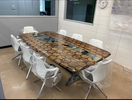 Honeycomb Epoxy Resin River Table, Custom 115 x 60 Clear Resin Walnut Conference Table, Handmade Epoxy Table, Unique Resin Table for Tim