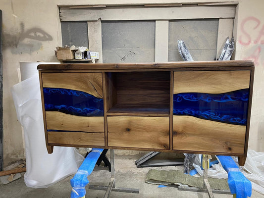 Custom 65” x 16” x 32” Epoxy Console, Walnut Blue Epoxy Resin Cabinet, Blue River Credenza, Walnut Credenza TV-Stand for Home for Leshea