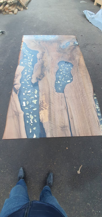 Custom 65”x 36” Walnut Smoke Epoxy Table, Live Edge Table, White Epoxy River Table with Gold Leaf Order for Daryll