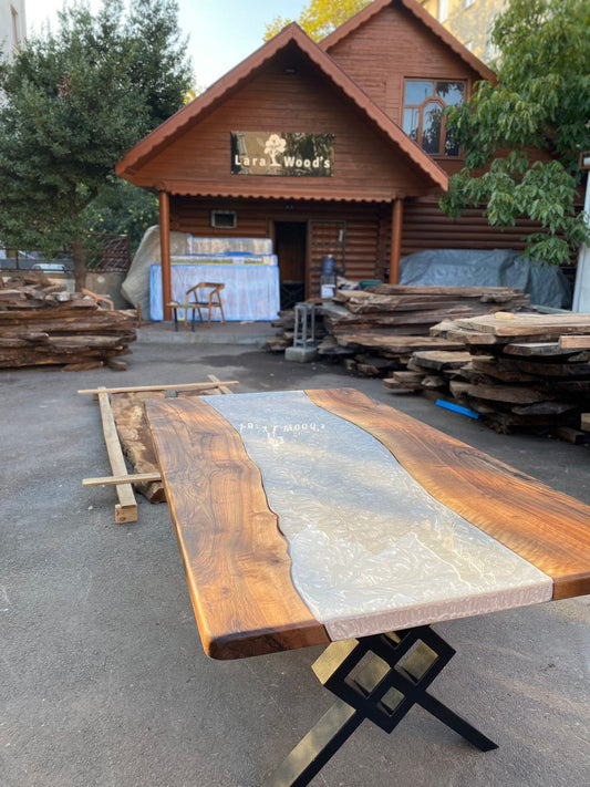 Custom 77”x 42” Walnut Metallic Dark Pearl White Epoxy Table, River Table, White Epoxy Resin Table, Live Edge Table for Chan