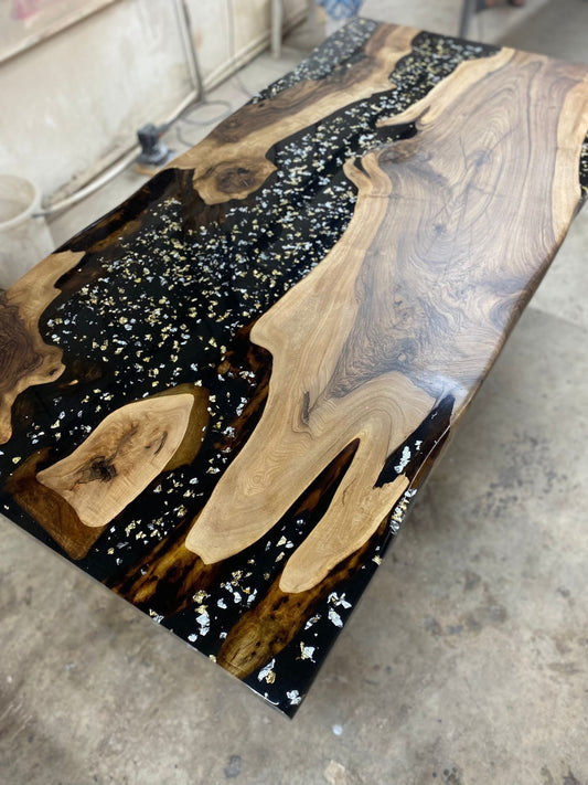 Walnut Dining Table, Epoxy Table, Epoxy Dining Table, Custom 72” x 36” Black Epoxy Table, Gold and Silver Leaf River Table, Order for Tercel