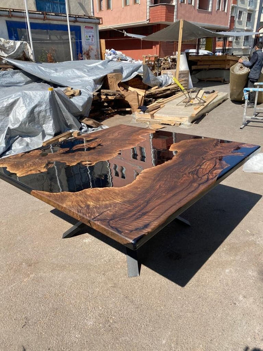 Epoxy Dining Table, Custom 65” x 65” Walnut Black Table, Epoxy Resin Table, Custom Order for Brandee