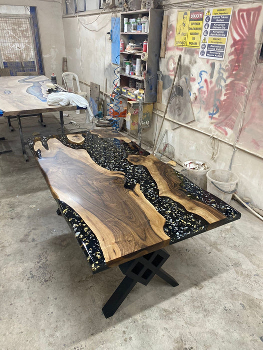 Walnut Dining Table, Epoxy Table, Epoxy Dining Table, Custom 72” x 36” Black Epoxy Table, Gold and Silver Leaf River Table, Order for Tercel