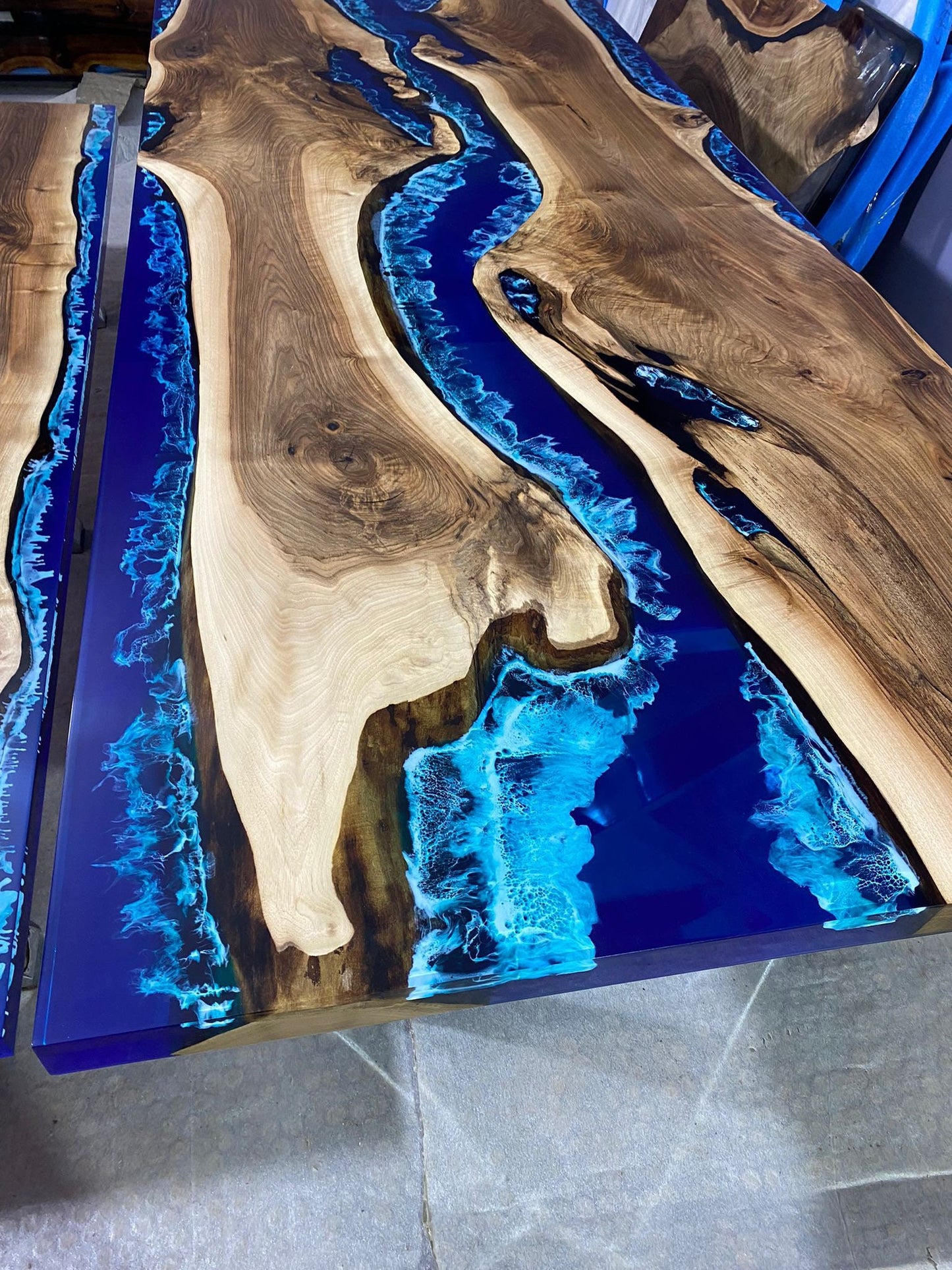 Epoxy Dining Table, Epoxy Ocean Table, Custom 108” x 42” Walnut Ocean Blue, Turquoise White Waves Epoxy River Dining Table Order for Christy