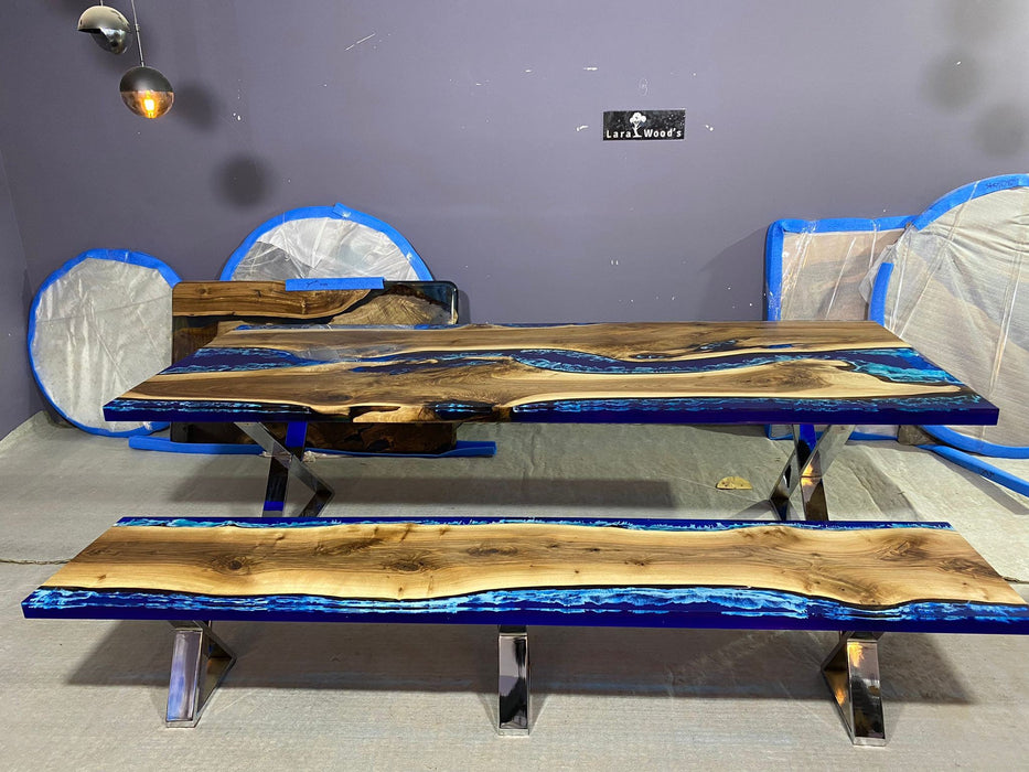 Epoxy Dining Table, Epoxy Ocean Table, Custom 108” x 42” Walnut Ocean Blue, Turquoise White Waves Epoxy River Dining Table Order for Christy