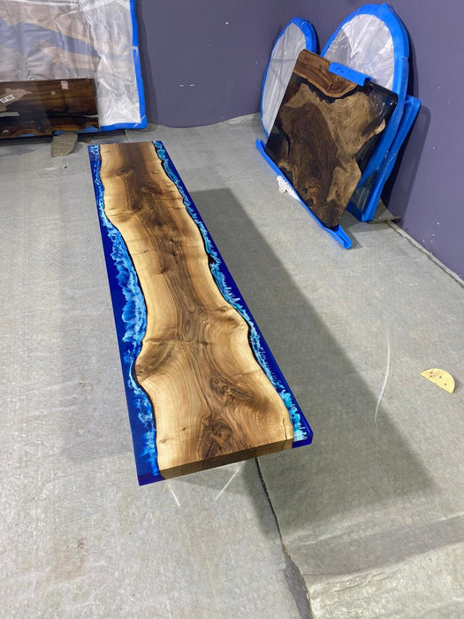 Handmade Epoxy Table, Epoxy Dining Table, Epoxy Resin Table, Custom 98” x 17” Walnut Ocean Blue, Epoxy River Bench Order for Christy
